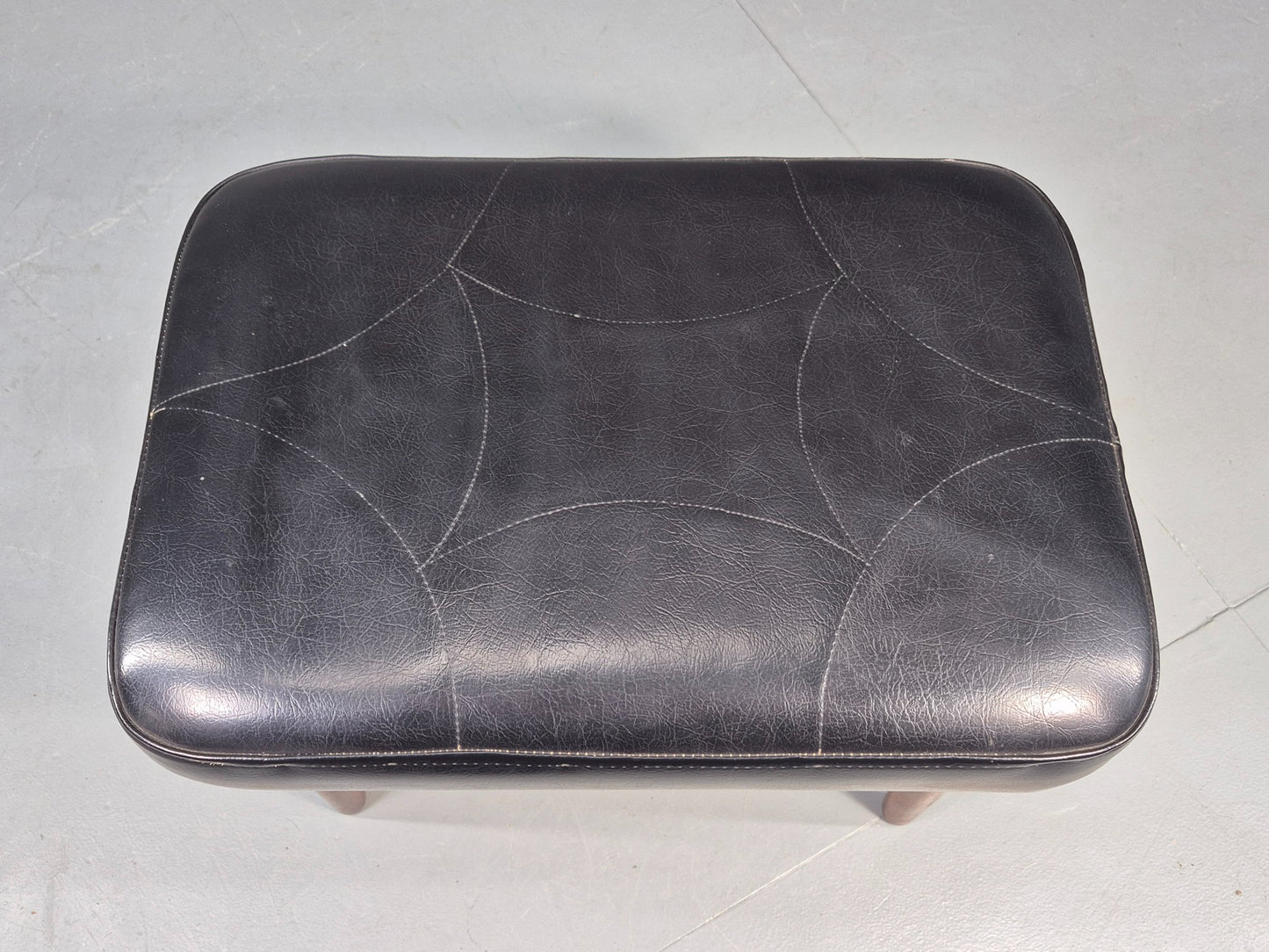 Vintage Danish Mid Century Footstool Black Vinyl Teak Legs Retro 1960s EB12156