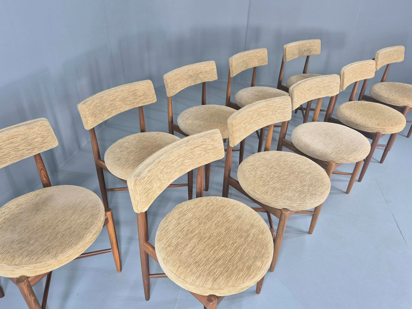 10 Vintage G Plan Dining Chairs Circle Seat Model Teak Frames Chenille EB12027