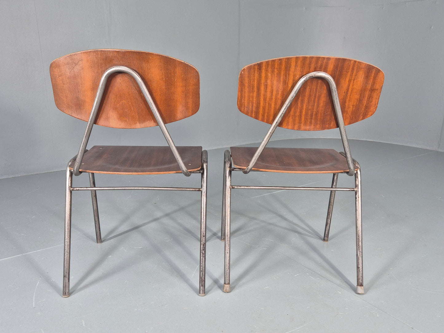 2 Vintage Danish Stacking Industrial Chairs Teak Ply and Steel 1960s  EB12401