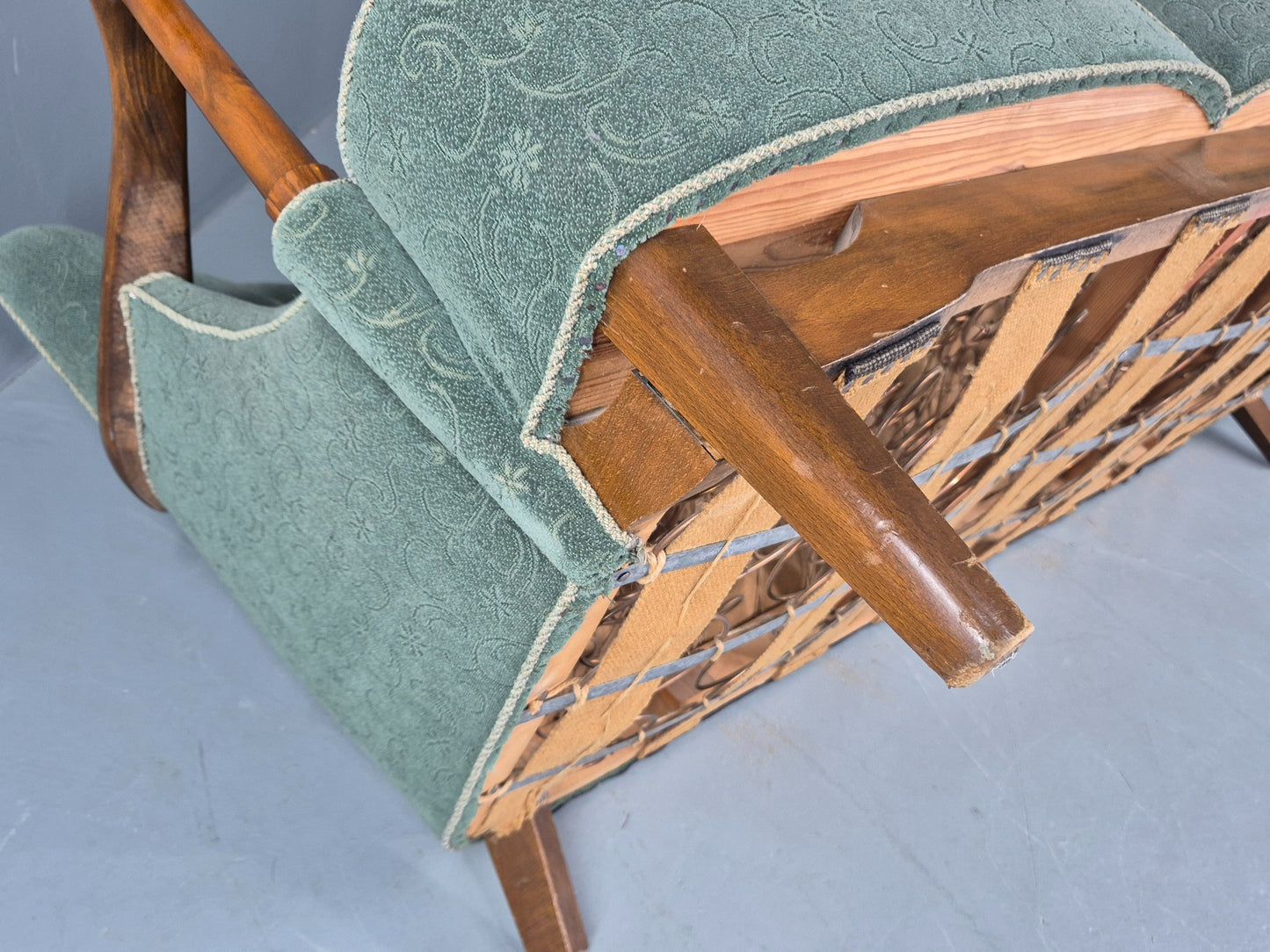 Danish 1950s 3 seater Sofa Shell Back Green Moquette Curved Front EB12768