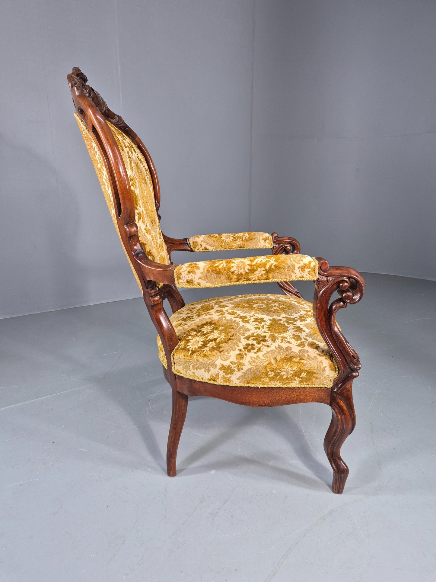 Antique Baroque Revival Arm Chair Carved Frame Gold Moquette Upholstery EB12740