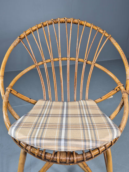 Vintage 1960s Cane Circle Tub Chair Tartan Cushion Retro EB10635