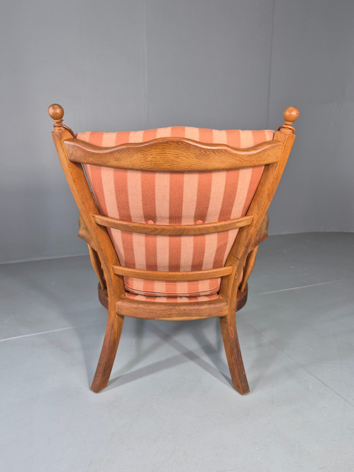 Vintage Danish Oak Lounge Chair 1950s Cottage Style Pink Striped Cotton EB12708