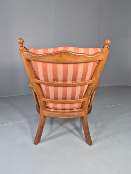 Vintage Danish Oak Lounge Chair 1950s Cottage Style Pink Striped Cotton EB12708