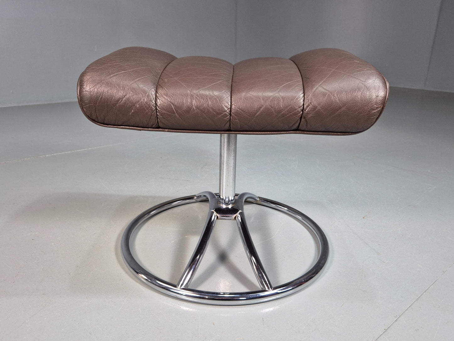 Vintage Mid Century Footstool Stressless 1970s Brown Leather Chrome EB07922