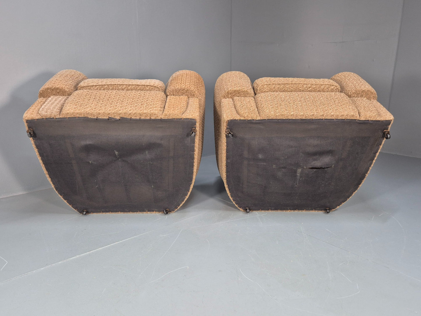 2 Vintage Art Deco Armchairs Beige Chenille Upholstery 1940s EB09684