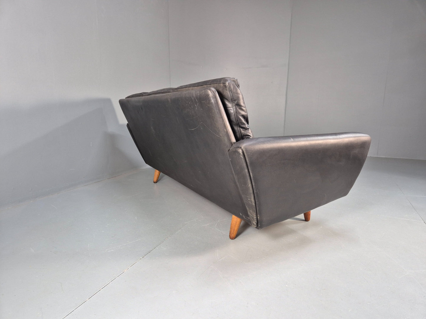 Vintage 3 Seater Black Leather Sofa 1960s Danish Thams Retro MCM EB09926