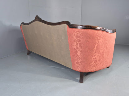Vintage Danish Art Deco 3 Seater Sofa Carved Hardwood Frame Pink Damask EB12742