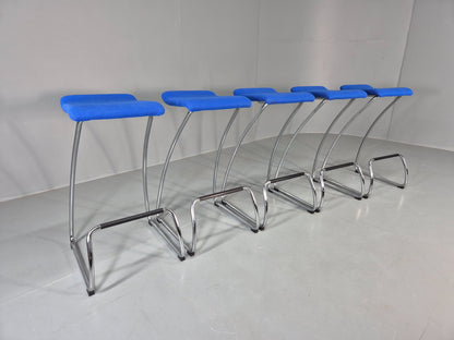 5 Orange Box Spring Bar Stools Modern Design Blue Chenille Chrome Frame EB12991