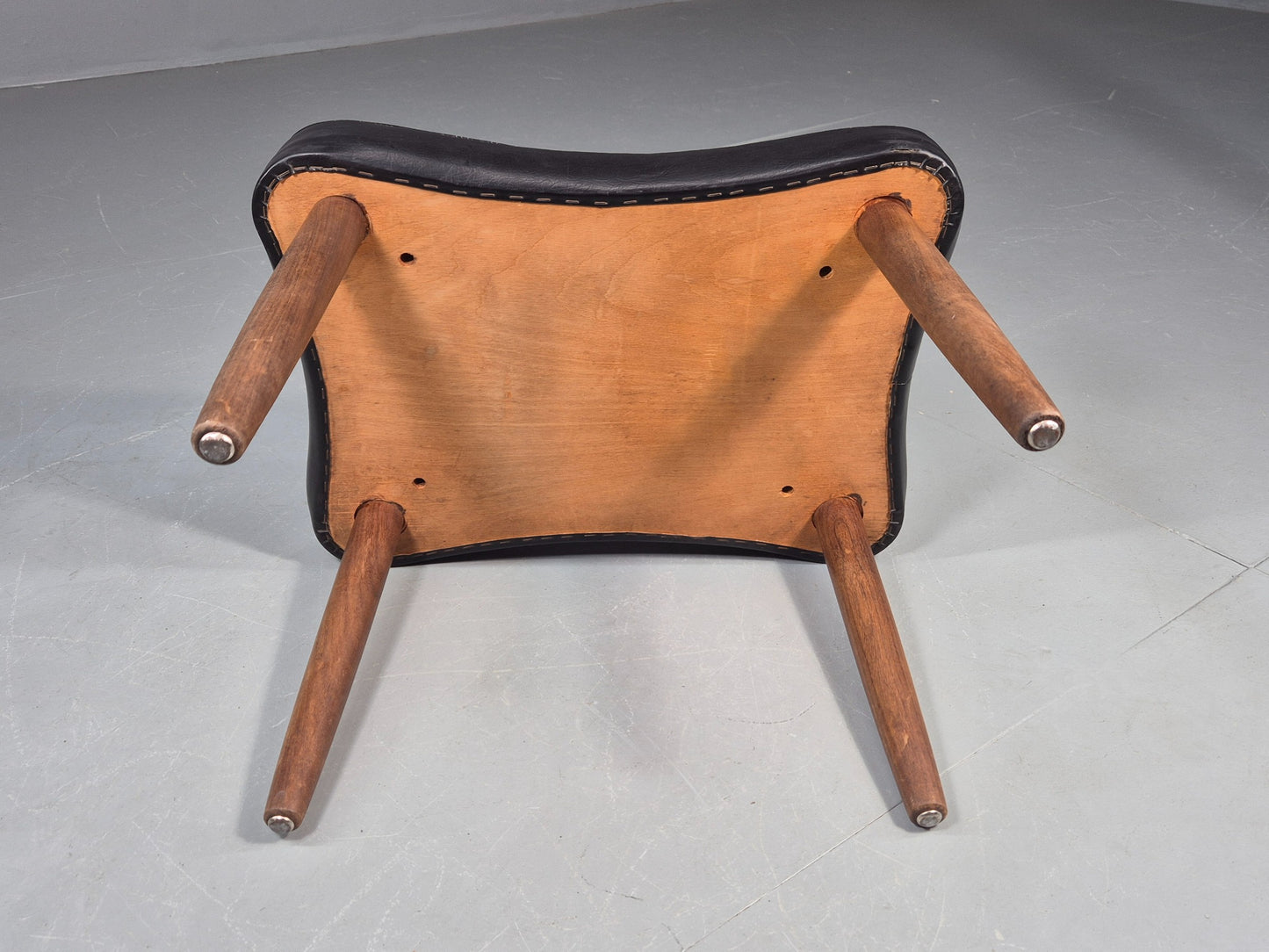 Vintage Danish Mid Century Footstool Black Vinyl Teak Legs 1960s Retro EB12153