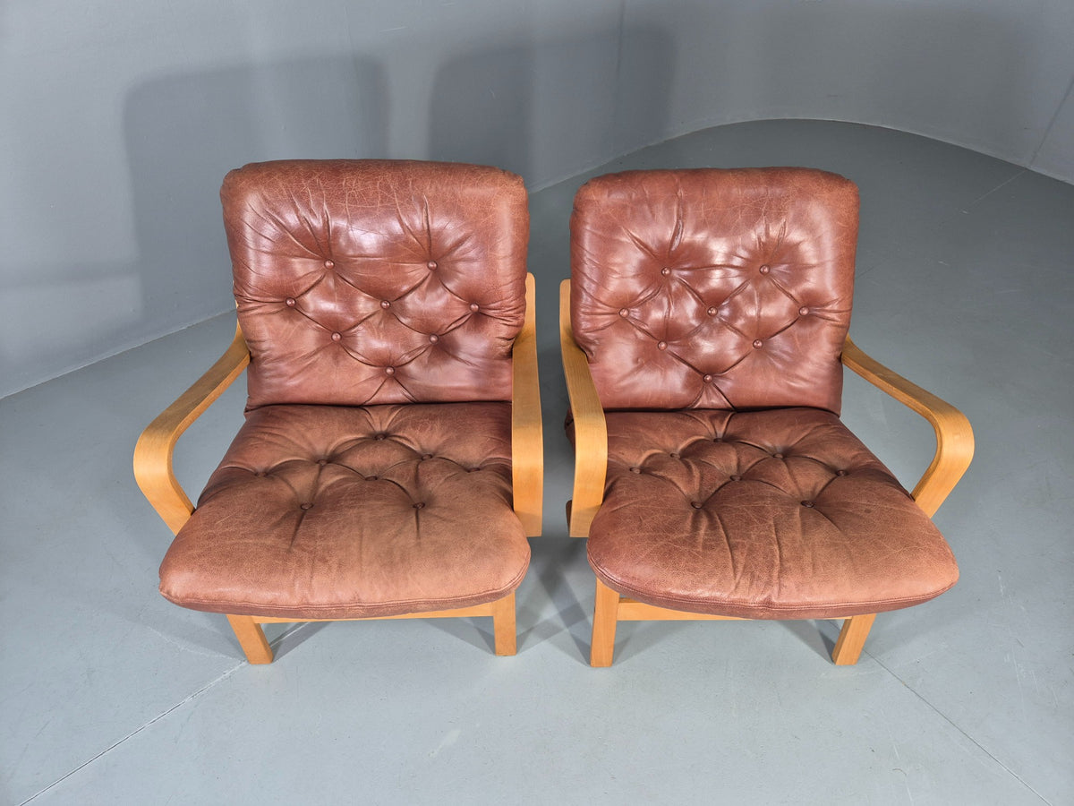 2 Vintage Swedese Leather Bentwood Lounge Chairs Design Yngve Ekstrom  EB13089