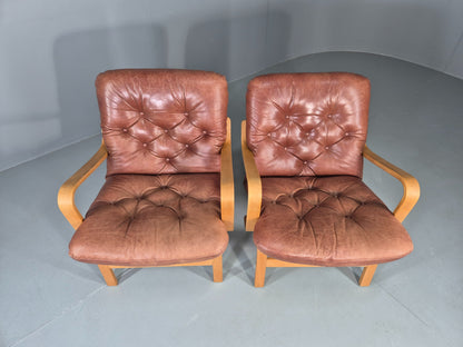 2 Vintage Swedese Leather Bentwood Lounge Chairs Design Yngve Ekstrom  EB13089