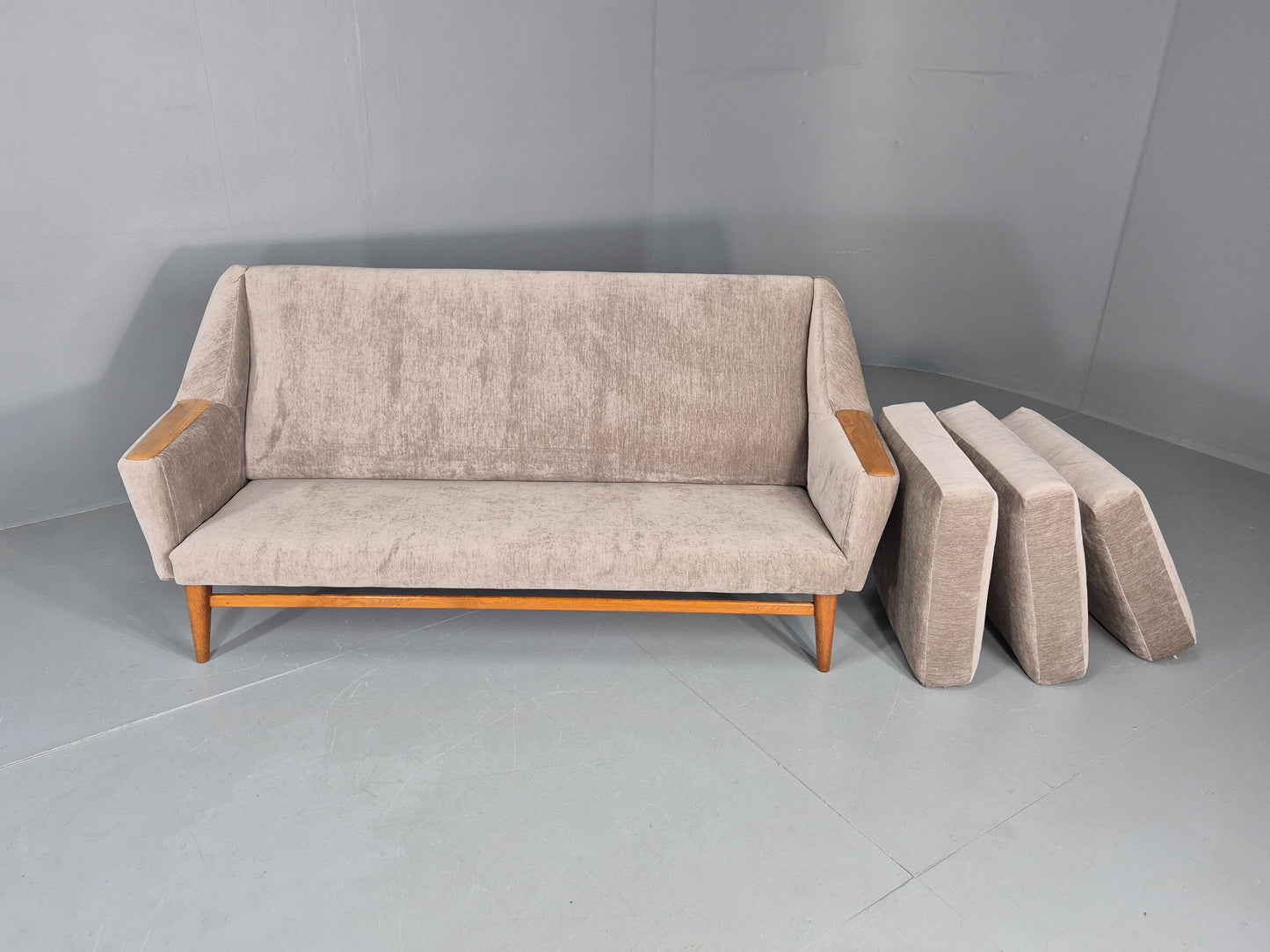 Vintage 3 Seater Danish Mid Century Sofa Oak Frame Paws New Upholstery EB11125