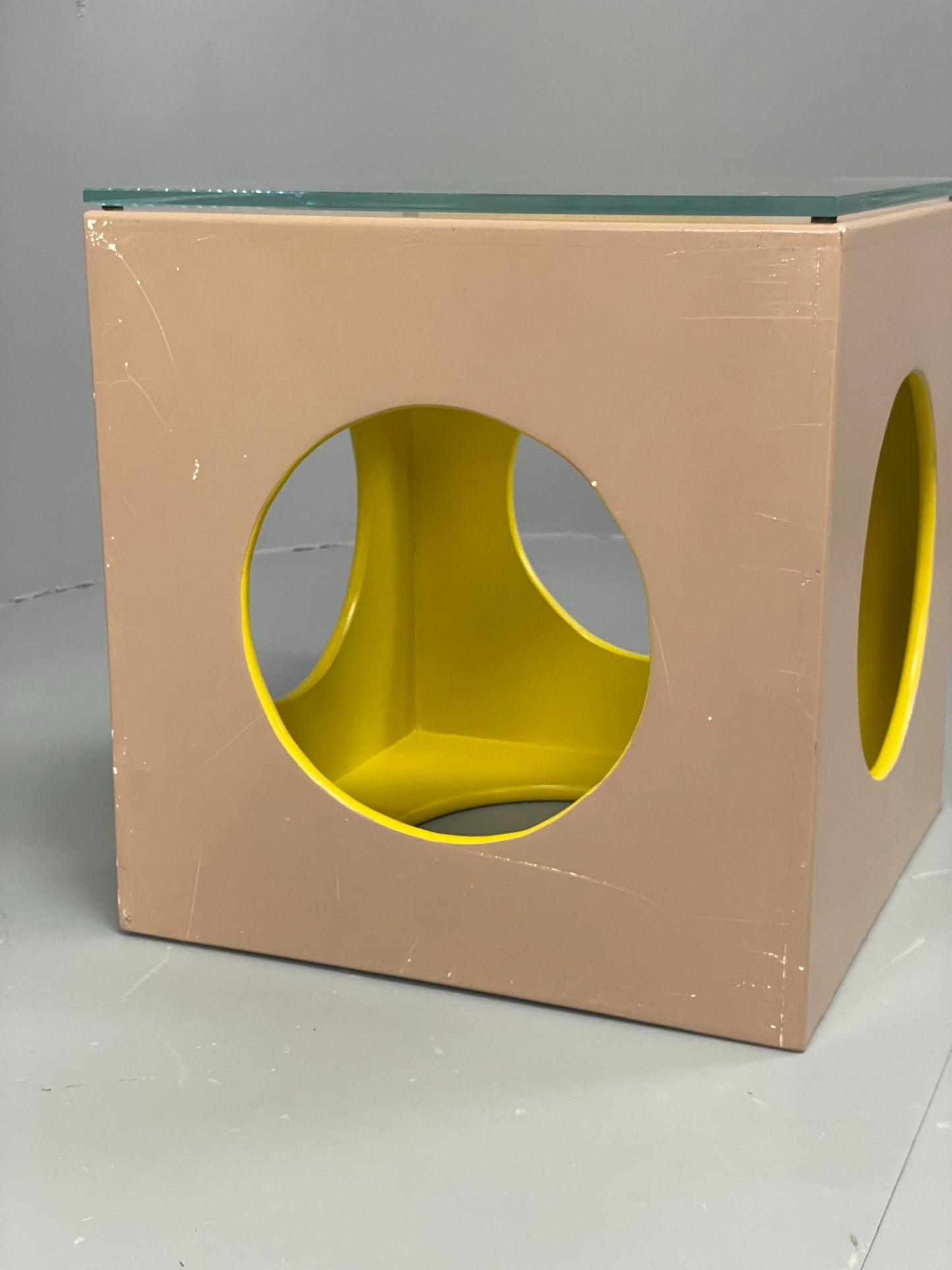 Cube Side Table Glass Top Beige Green Retro Style EB12626