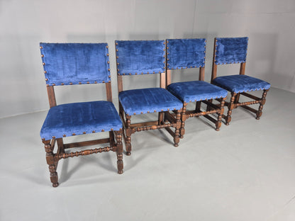 Antique Louis XIII Style Oak Dining Chairs Blue Velour Upholstery EB12795