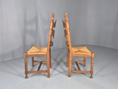 Vintage Spanish Style Country Chairs Rush Seated Oak Frames EB11951