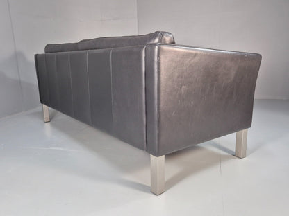 Vintage 3 Seater Stouby Sofa 1990s Black Leather Steel Legs Retro MCM  EB09079