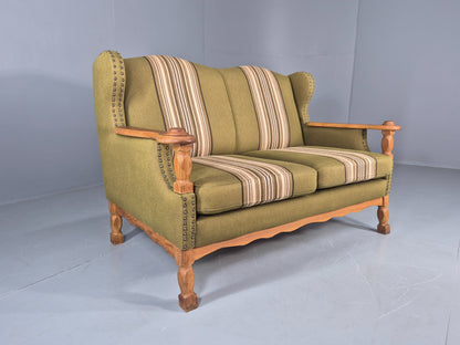 Vintage 2 Seater Sofa Danish Design Kjaernulf Style Green Wool Oak Frame EB12688