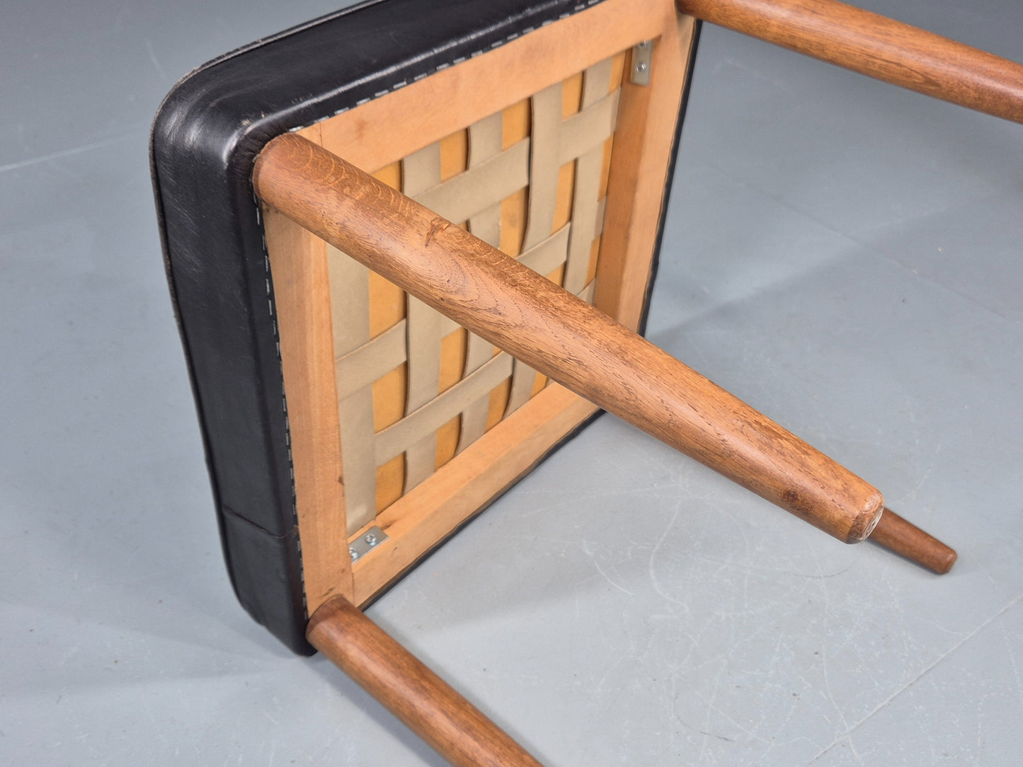 Vintage Mid Century Footstool Danish Black Leather Teak Legs 1960s Retro EB12097