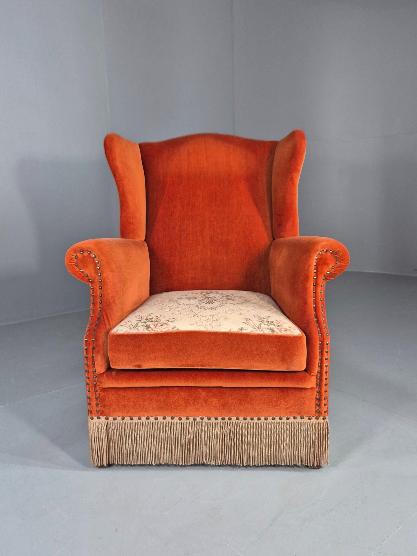 Vintage Wing Back Lounge Chair Danish 20th Century Orange Cream Tassels  EB12707