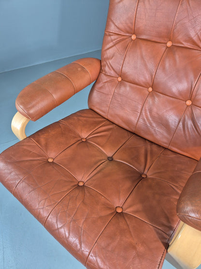 Vintage Danish Lounge Chair Tan Leather swivel and Recline 1970s Retro EB13092