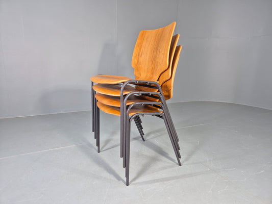 4 Vintage Stacking Chairs Industrial Danish Design Bent Ply Retro MCM EB12660