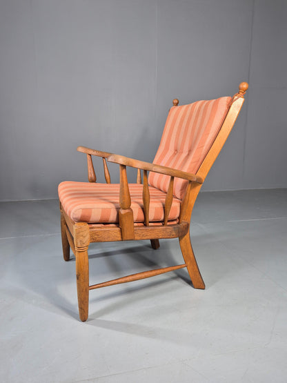 Vintage Danish Oak Lounge Chair 1950s Cottage Style Pink Striped Cotton EB12708