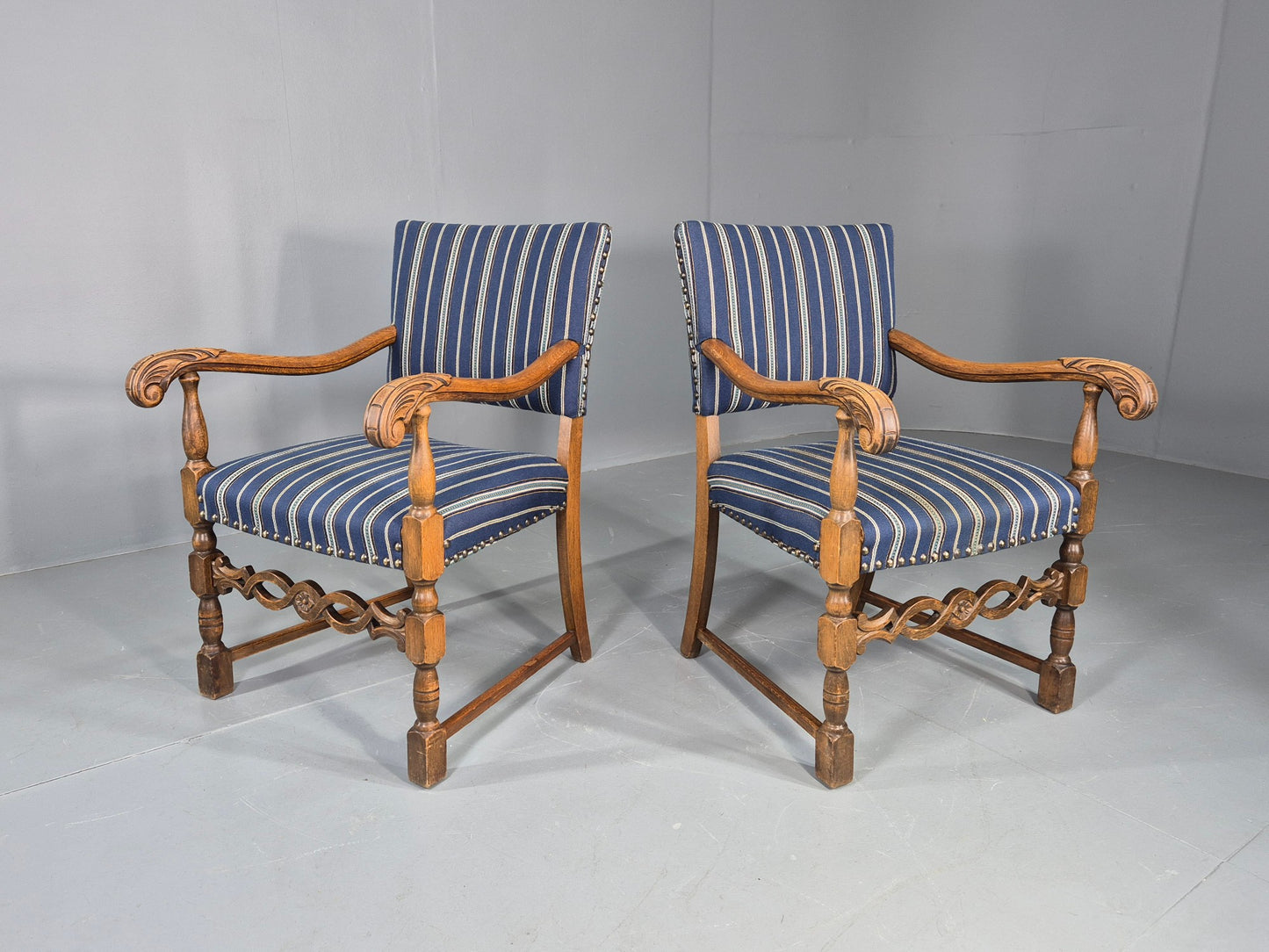 2 Vintage Danish Baroque Style Oak 1950s Elbow Chairs Blue Wool Stripe EB12647