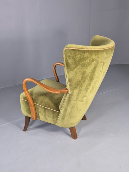 Vintage Mid Century Armchair Danish Slagelse Mobler Green Velour Retro EB12462