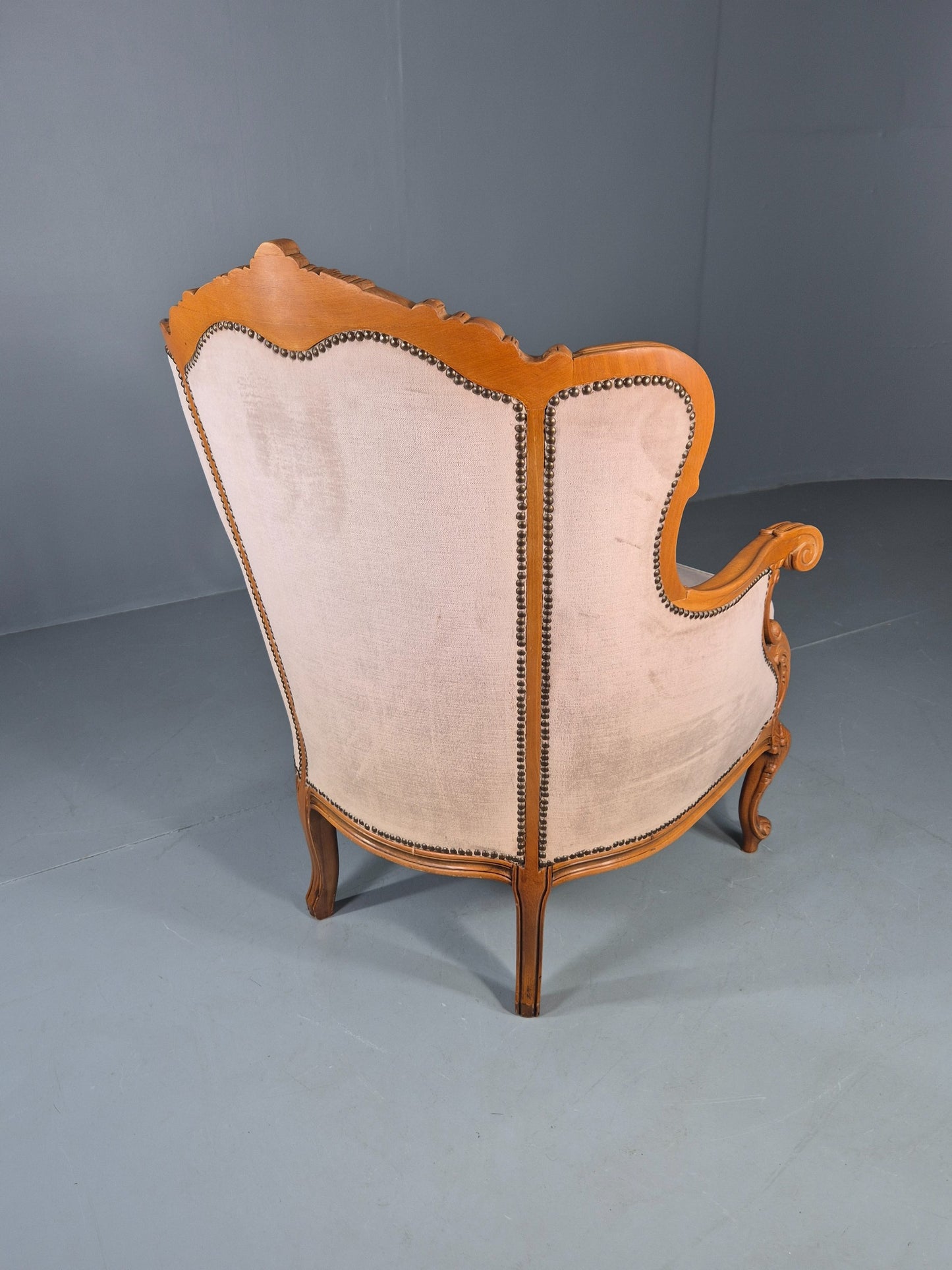 Vintage Danish Rococo Armchair Beech Frame Biege Velour 1970s Retro EB12718