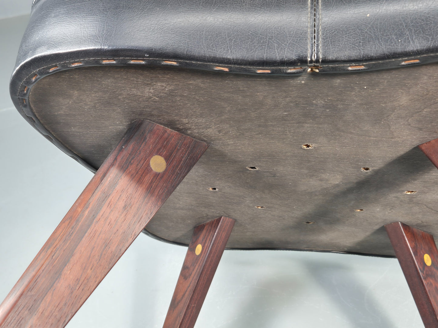 Vintage Danish Mid Century Footstool Black vinyl Rosewood Legs 1960s EB12100