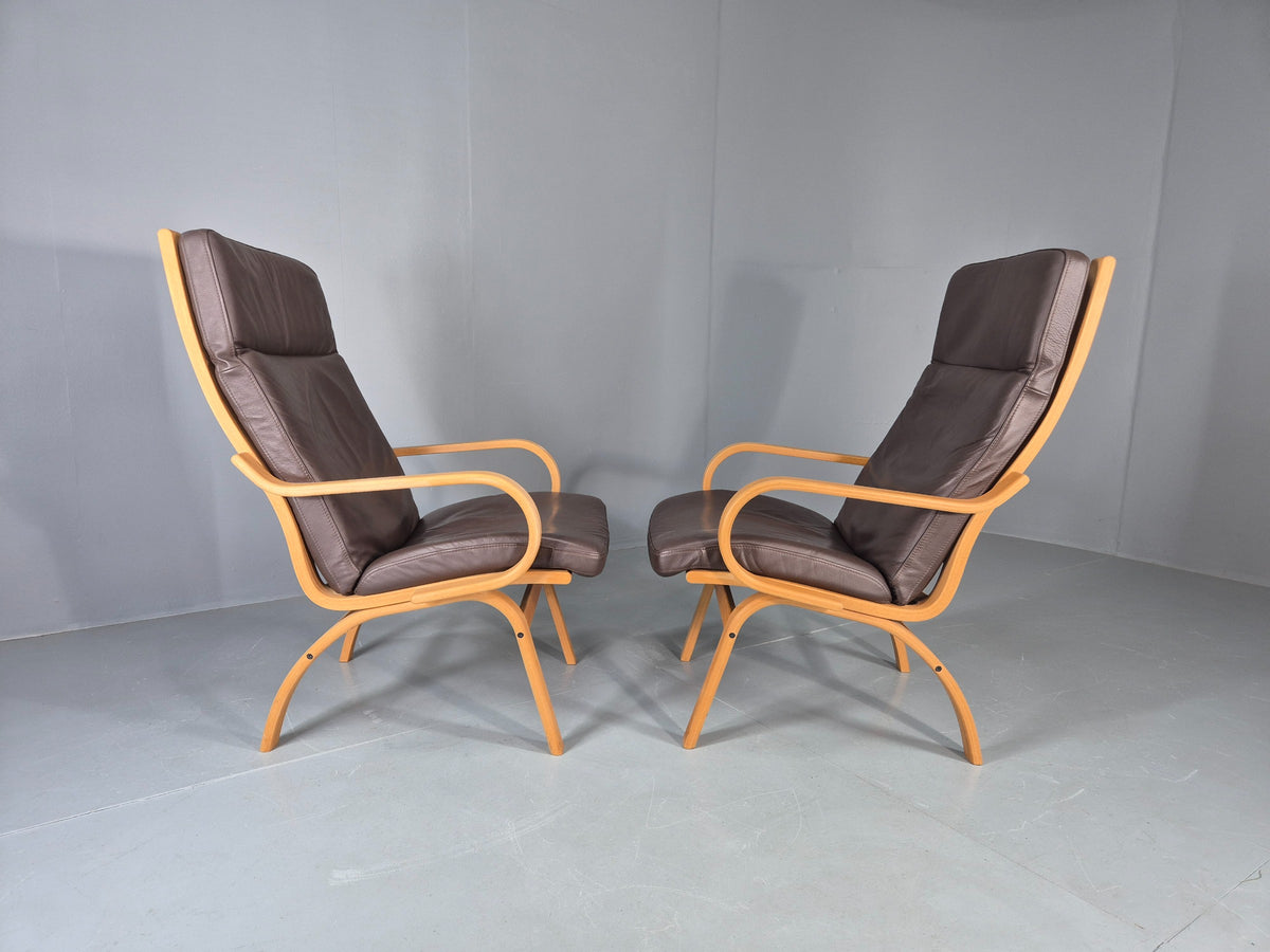 2 Vintage Danish Leather Lounge Chairs Bent Wood Frames 1980s Retro EB13073