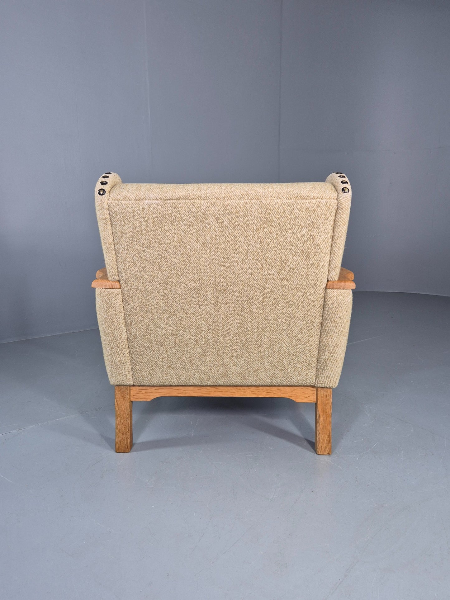 Vintage 1970s Lounge Chair Low Wing Back Kjaernulf Style Oak Retro Cream EB12719