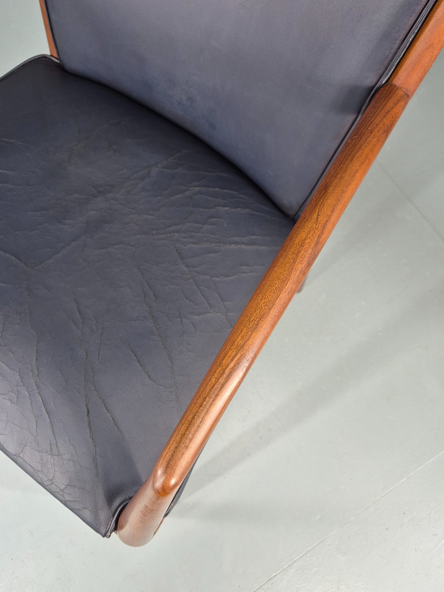 Vintage Mid Century Teak Armchair Blue Leather 1960s Retro EB11910