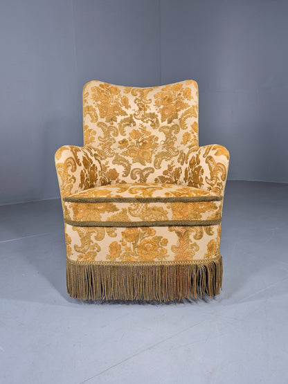 Vintage Danish 1970s Bedroom Tub Chair Gold Floral Flock Tassels EB12685
