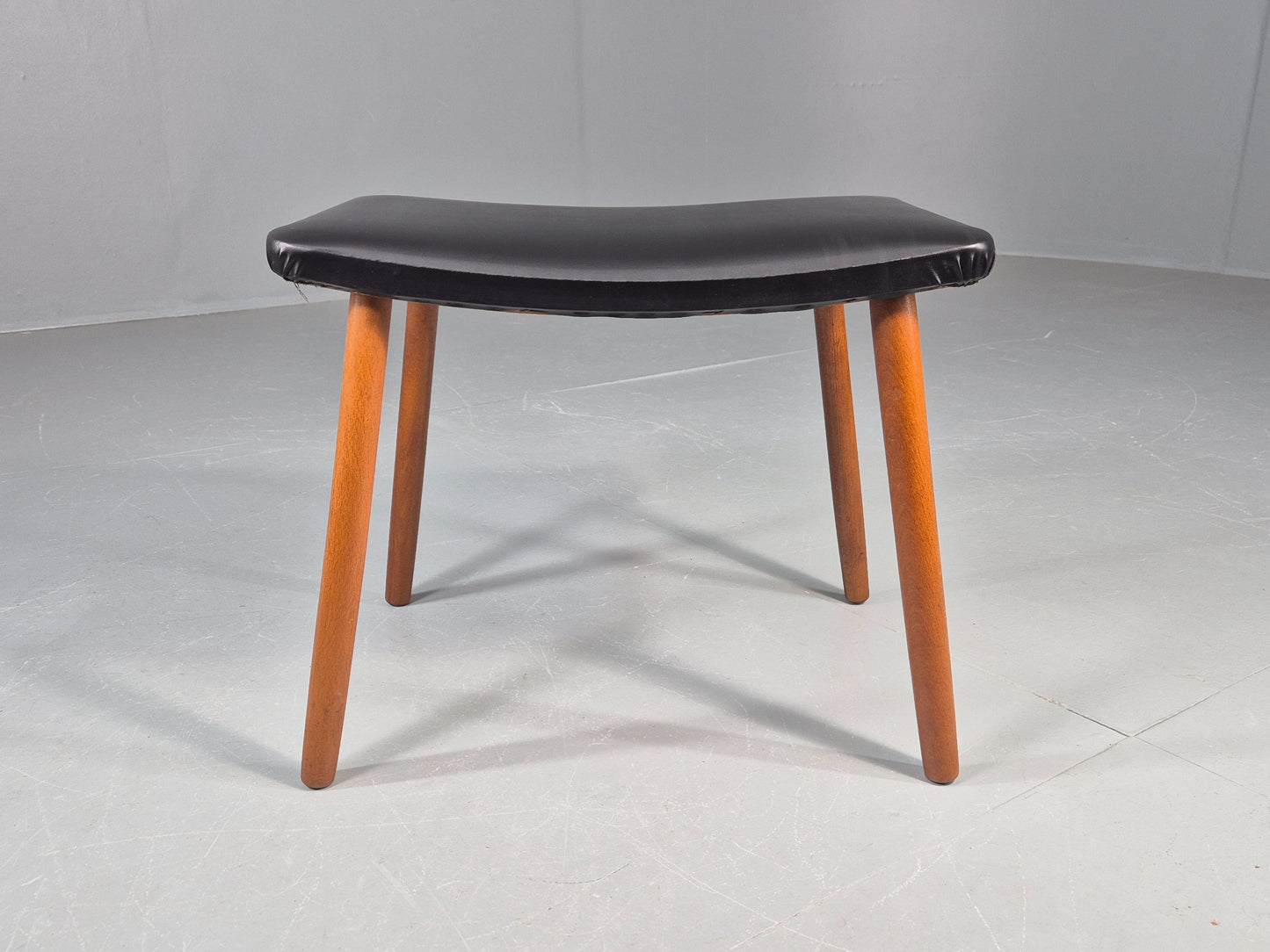 Vintage Danish Mid Century Footstool Black Vinyl Beech Legs 1960s Retro EB12157