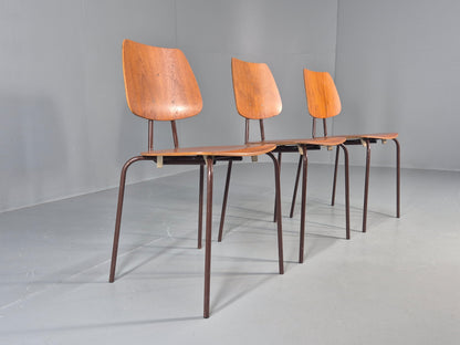 3 Vintage Danish Stacking Chairs Industrial Design Steel Teak Retro 60s Eb12491