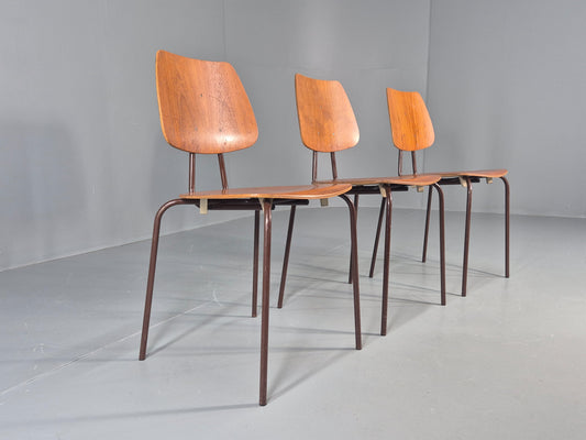 3 Vintage Danish Stacking Chairs Industrial Design Steel Teak Retro 60s Eb12491