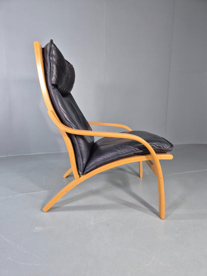 Vintage Danish Lounge Chair Bent Wood Frame Black Leather Cushion 1980s EB13077