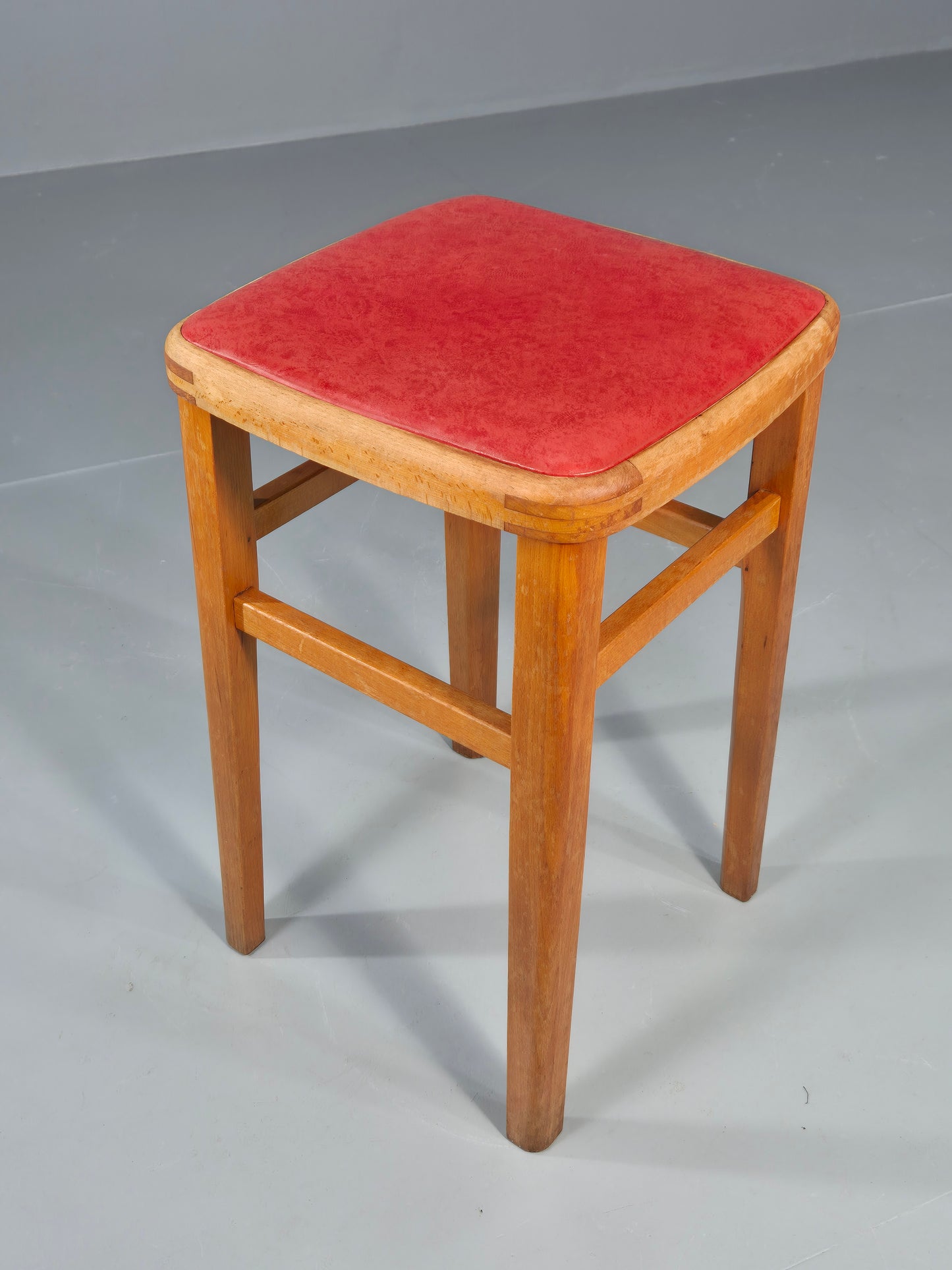 Vintage Kitchen Stool 1960s Retro Red Vinyl and Beech EB12531