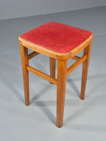 Vintage Kitchen Stool 1960s Retro Red Vinyl and Beech EB12531