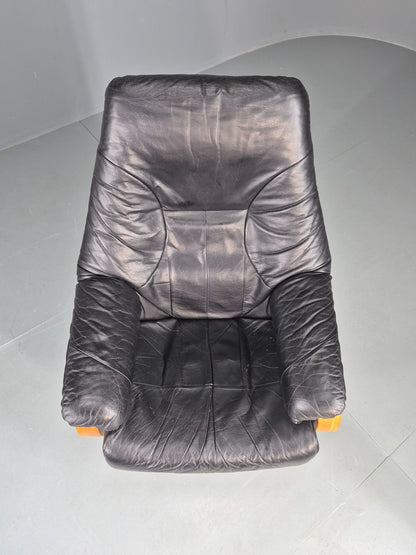 Vintage Danish Swivel Recline Chair Black Leather Bentwood 1980s Retro EB9254