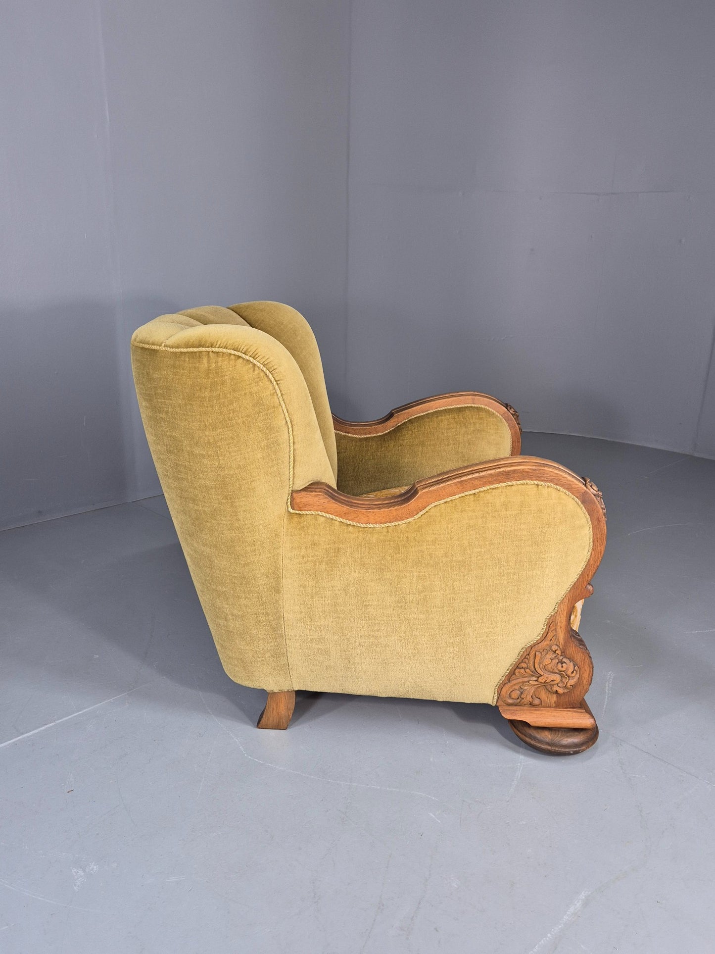 Vintage Danish Art Deco Lounge Chair Carved Oak Frame 1940s Green Floral EB12839