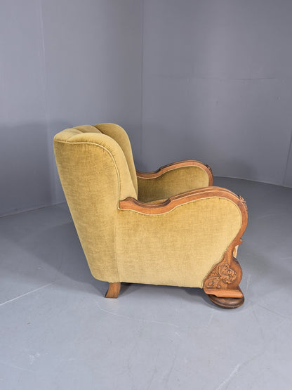 Vintage Danish Art Deco Lounge Chair Carved Oak Frame 1940s Green Floral EB12839