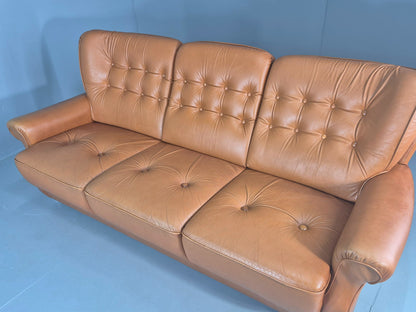 Vintage 3 Seater Sofa Tan Leather 1970s Danish Design Retro MCM EB12383