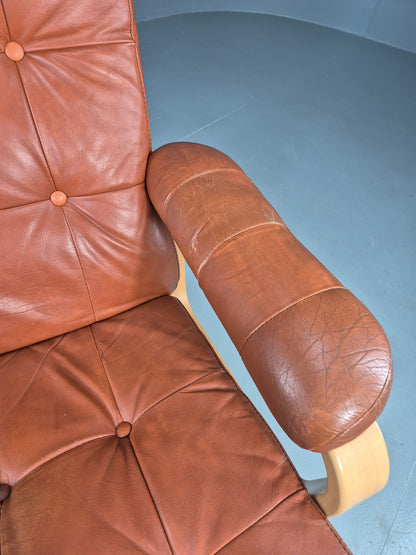Vintage Danish Lounge Chair Tan Leather swivel and Recline 1970s Retro EB13092