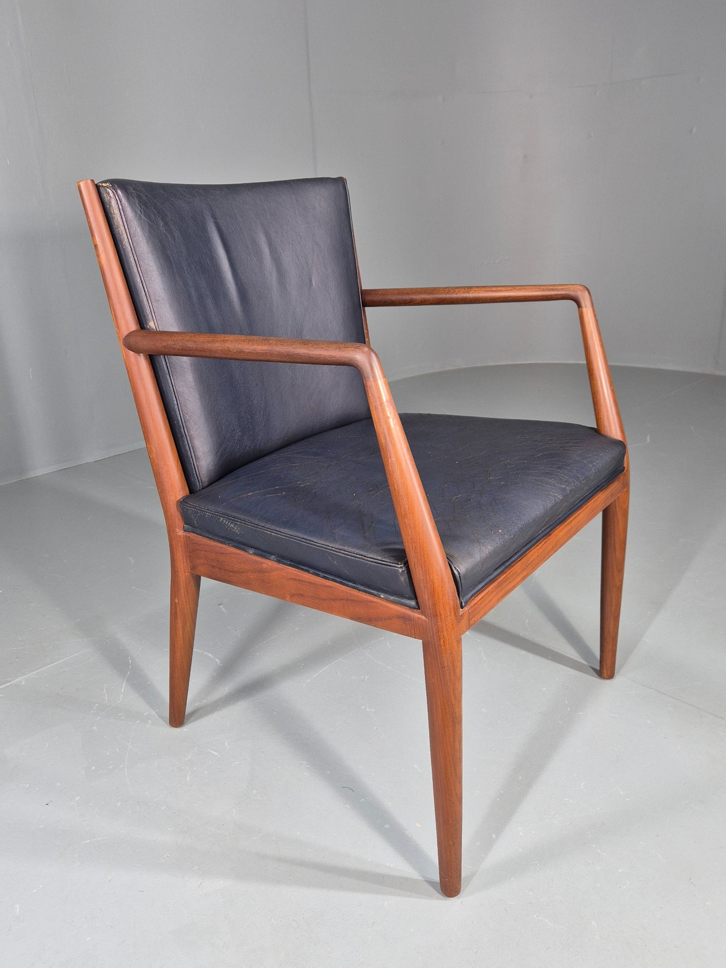 Vintage Mid Century Teak Armchair Blue Leather 1960s Retro EB11901