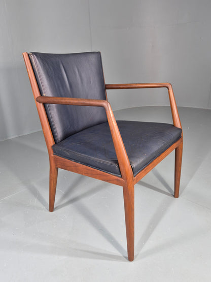 Vintage Mid Century Teak Armchair Blue Leather 1960s Retro EB11901