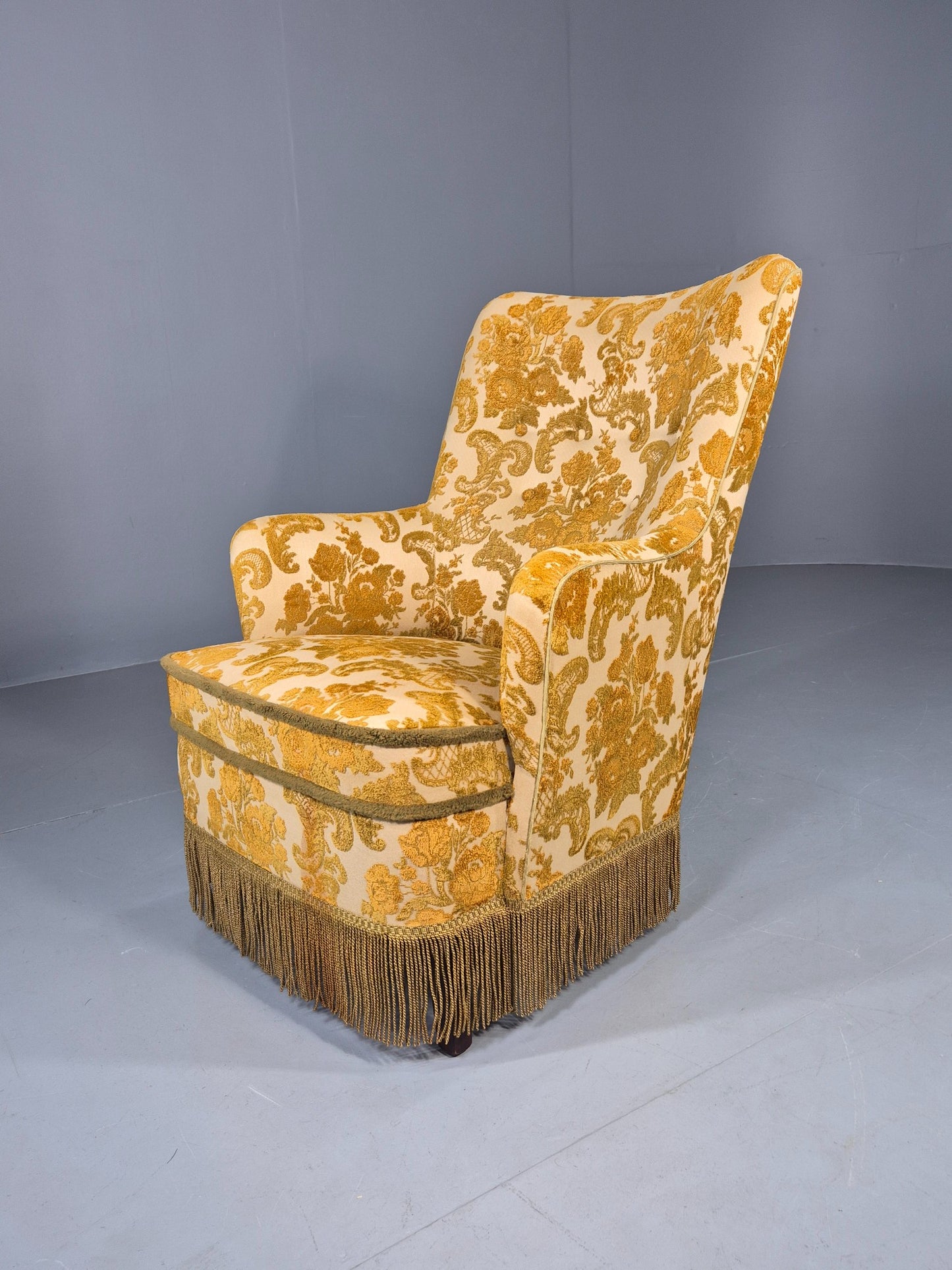 Vintage Danish 1970s Bedroom Tub Chair Gold Floral Flock Tassels EB12685