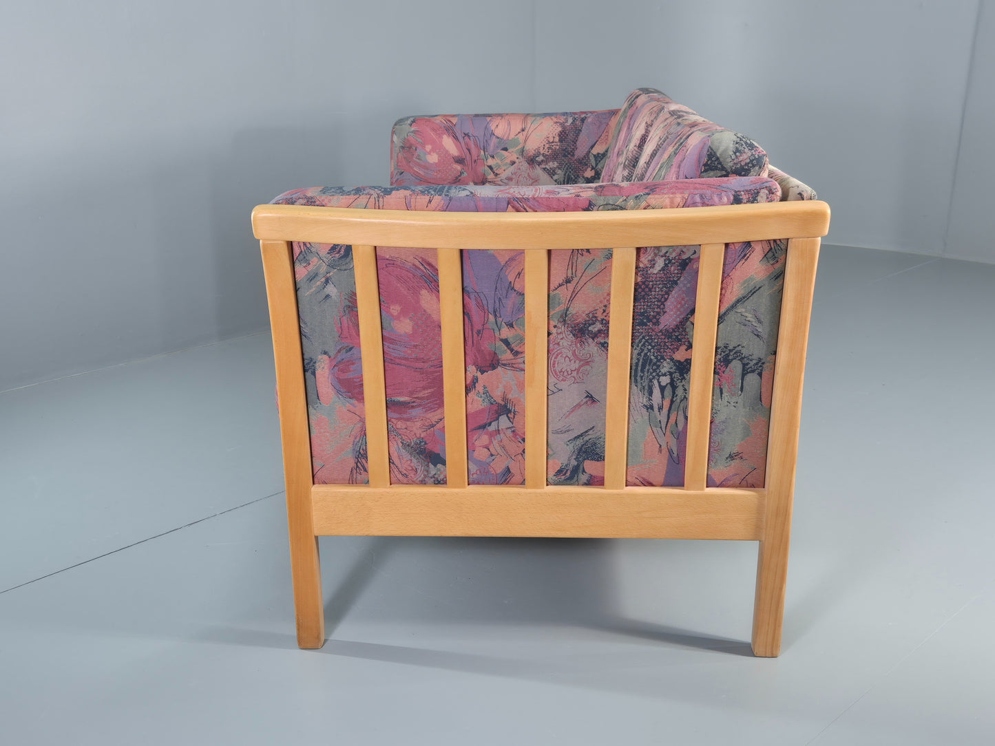 Vintage Stouby 2 Seater Sofa Floral Cotton Print 1980s Retro Beech Ends EB12448